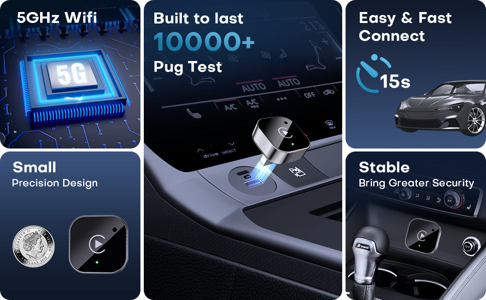 Apple CarPlay & Android Auto Wireless Dongle, Fast Auto-Connect, Compact Plug & Play for iPhone/Android, USB/USB-C, No Delay