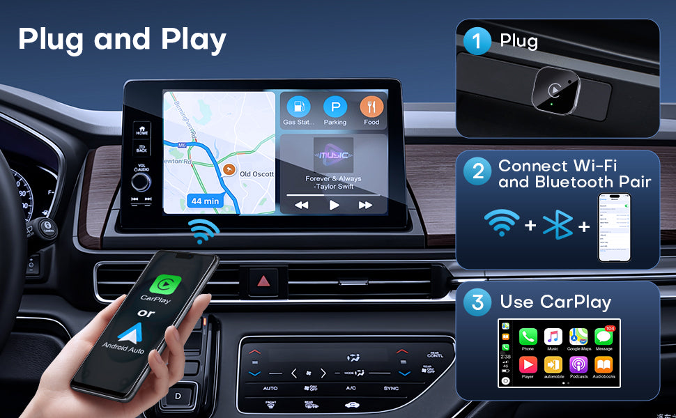 Apple CarPlay & Android Auto Wireless Dongle, Fast Auto-Connect, Compact Plug & Play for iPhone/Android, USB/USB-C, No Delay