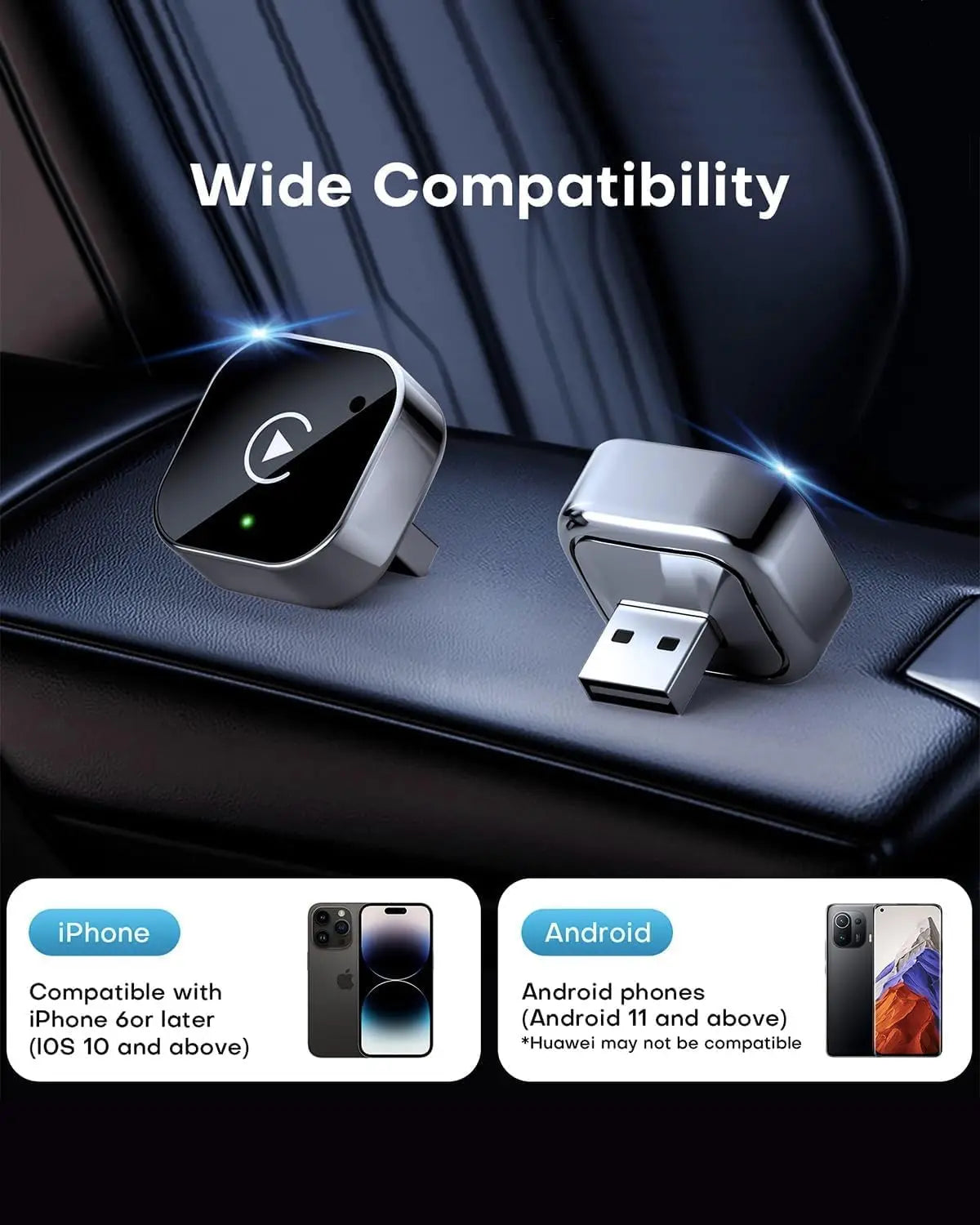 Apple CarPlay & Android Auto Wireless Dongle, Fast Auto-Connect, Compact Plug & Play for iPhone/Android, USB/USB-C, No Delay