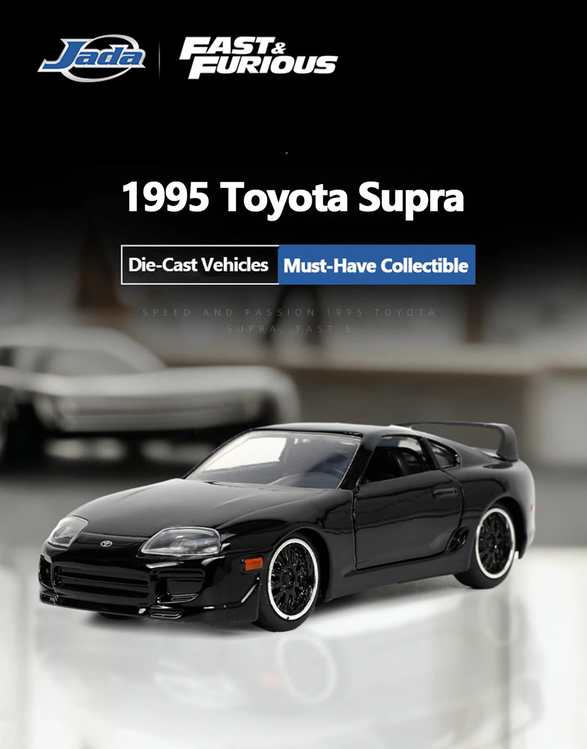 JADA 1:32 DieCast Model Car Fast & Furious 1995 Toyota Supra Detailed Interior Rubber Tires JD33381