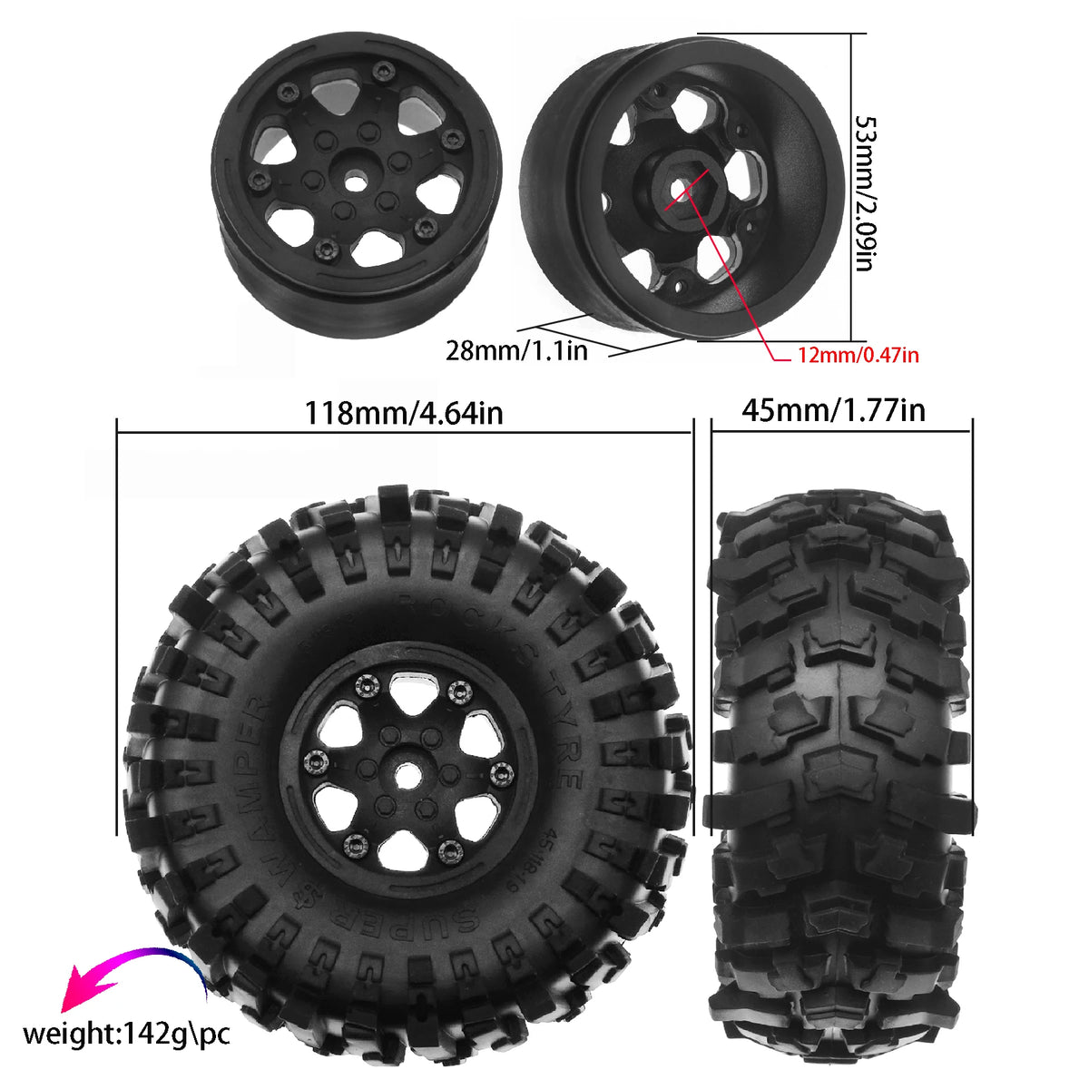 4PCS 118*45mm 1.9" Wheel Rims Tires Set for 1:10 RC Rock Crawler Car TRX4 Axial SCX10 90046 Redcat Gen8