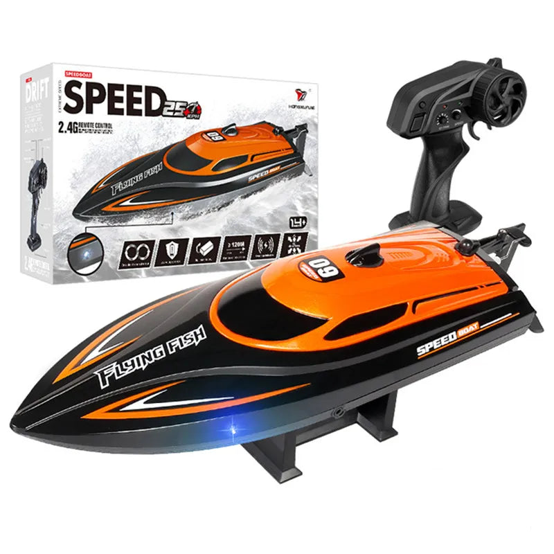 HJ812 2.4G 4CH RC Boat Waterproof 25km/H High Speed Electric Racing Speedboat with LED Light Outdoor Lakes Pools Toys for Kids