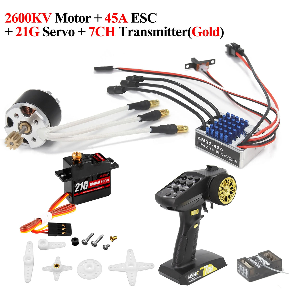 NEEBRC 2322 2600KV Brushless Motor AM32 45A ESC 21g Servo 7CH Transmitter 6 Pin Receiver for 1/12 RC Car Crawler MN99S MN78 MN82