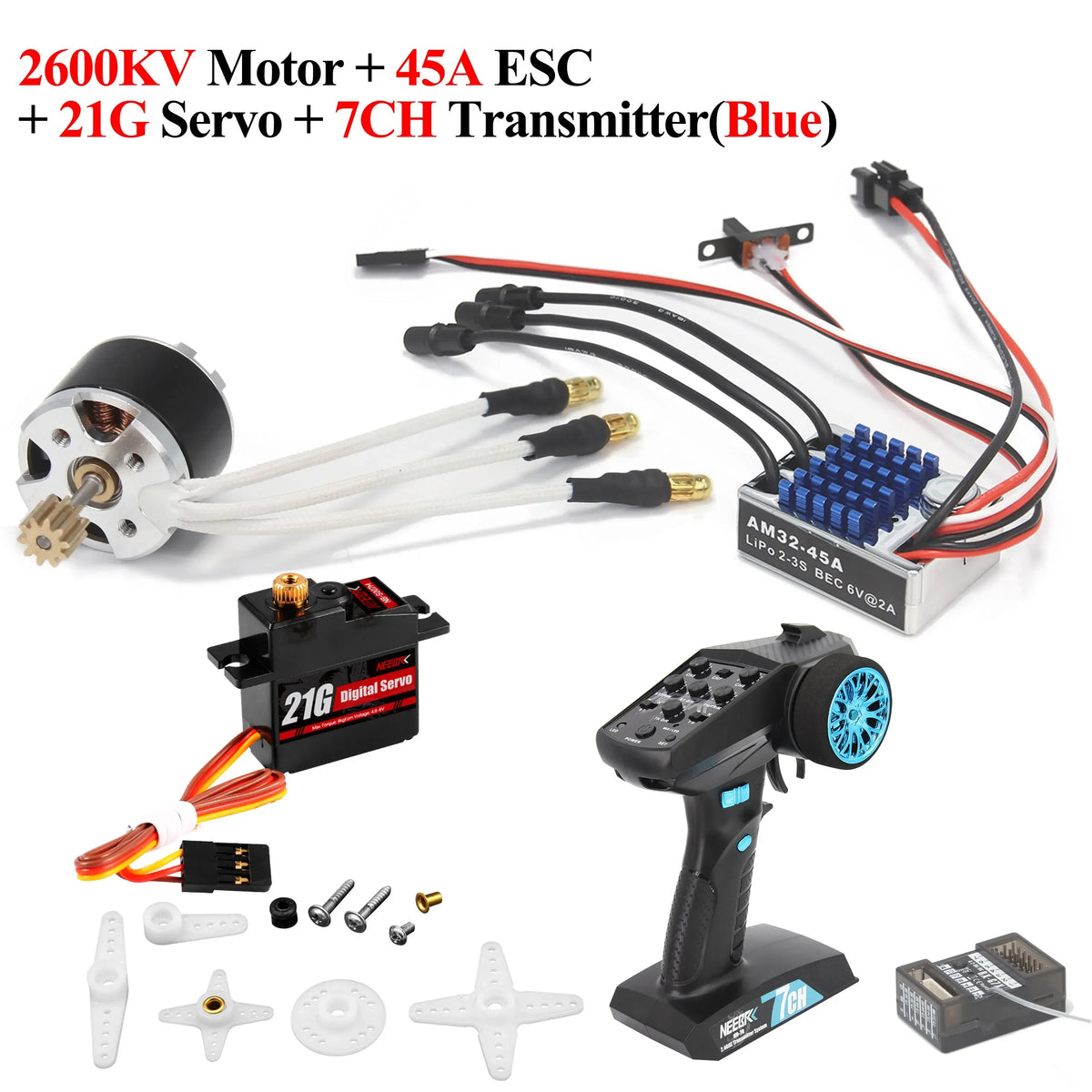NEEBRC 2322 2600KV Brushless Motor AM32 45A ESC 21g Servo 7CH Transmitter 6 Pin Receiver for 1/12 RC Car Crawler MN99S MN78 MN82