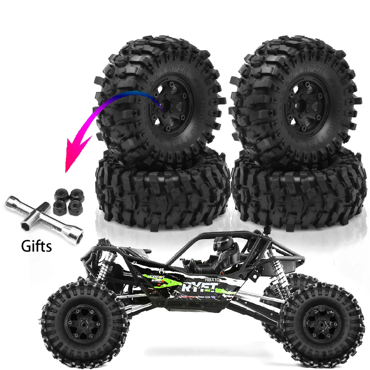 4PCS 118*45mm 1.9" Wheel Rims Tires Set for 1:10 RC Rock Crawler Car TRX4 Axial SCX10 90046 Redcat Gen8