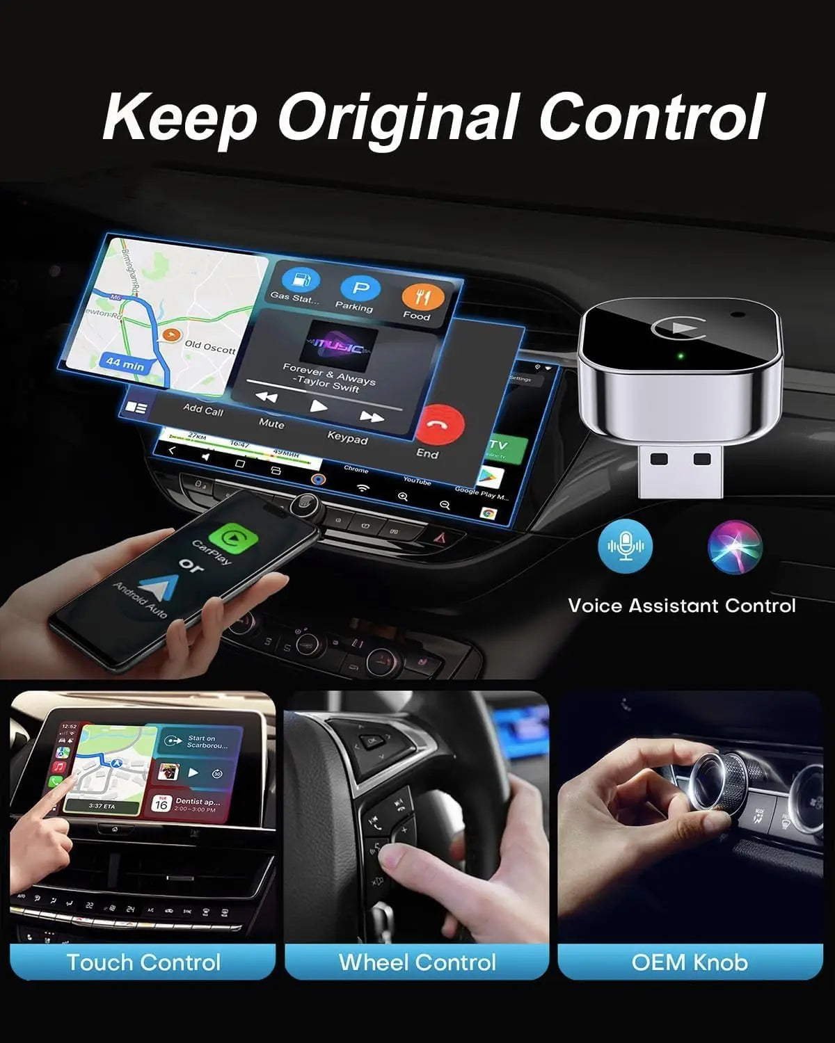 Apple CarPlay & Android Auto Wireless Dongle, Fast Auto-Connect, Compact Plug & Play for iPhone/Android, USB/USB-C, No Delay