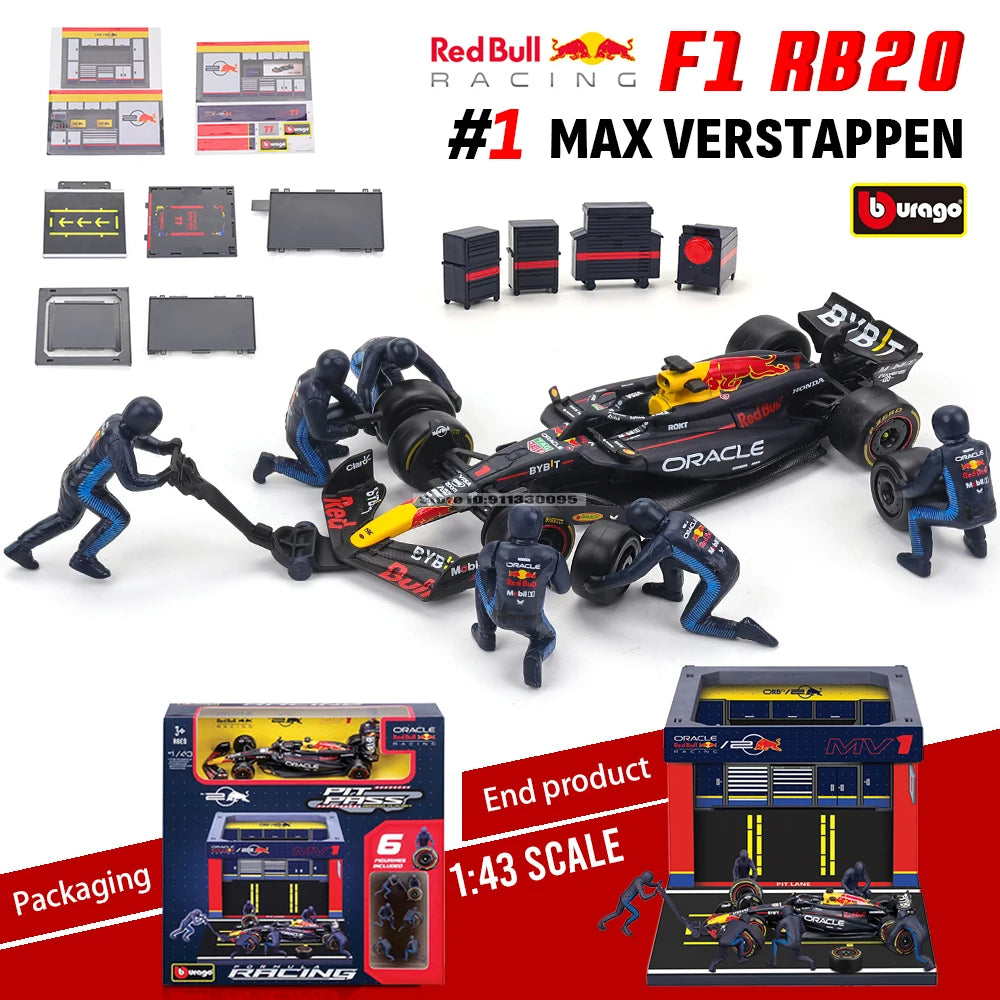 Bburago 1:43 F1 Red Bull Racing RB20 2024 #1 Verstappen #11 Perez DIY Pit House Alloy Car Die Cast Model Toy Collectible SF24
