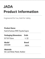 JADA 1:32 DieCast Model Car Fast & Furious 1995 Toyota Supra Detailed Interior Rubber Tires JD33381
