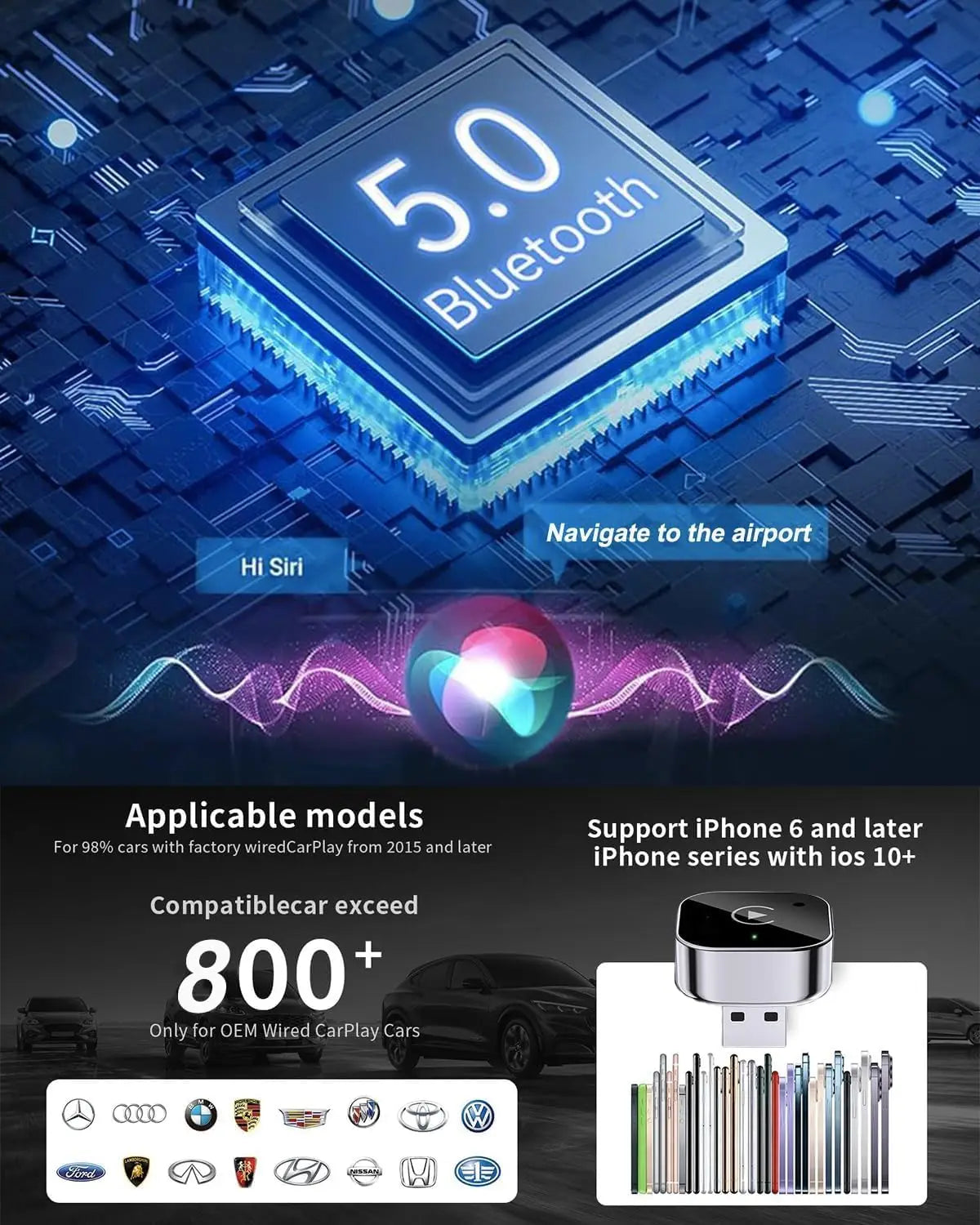 Apple CarPlay & Android Auto Wireless Dongle, Fast Auto-Connect, Compact Plug & Play for iPhone/Android, USB/USB-C, No Delay